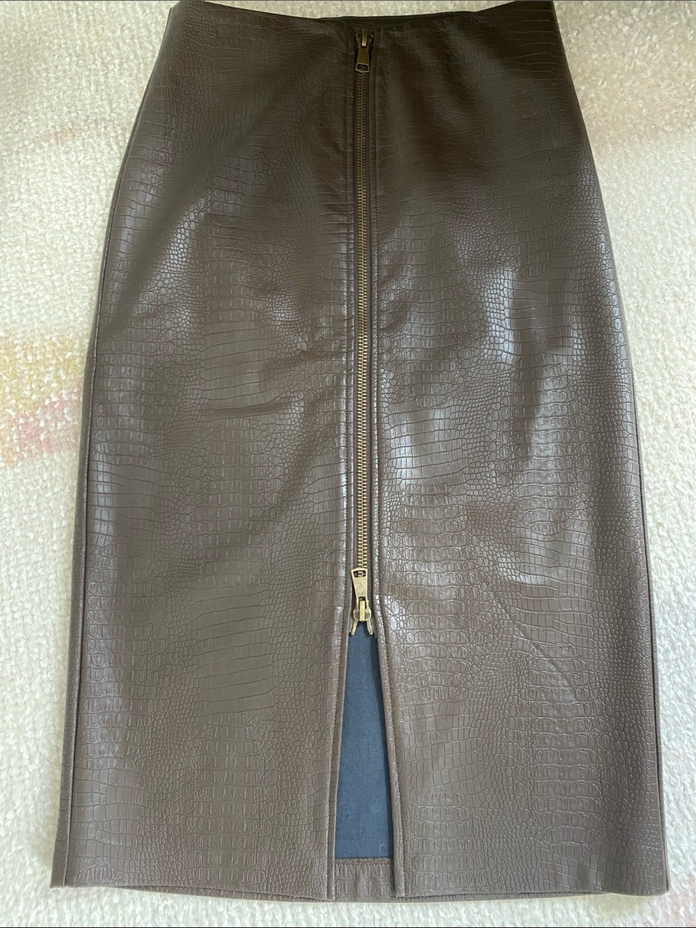 Steve Madden Dark Brown Faux-Leather Croc Pencil Skirt with Front Zip